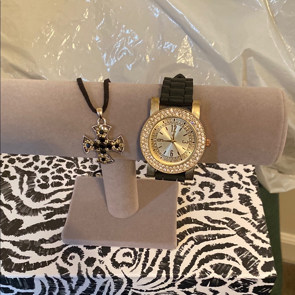 Gold and Black Women's Watch with Crystal Accents with free necklace
